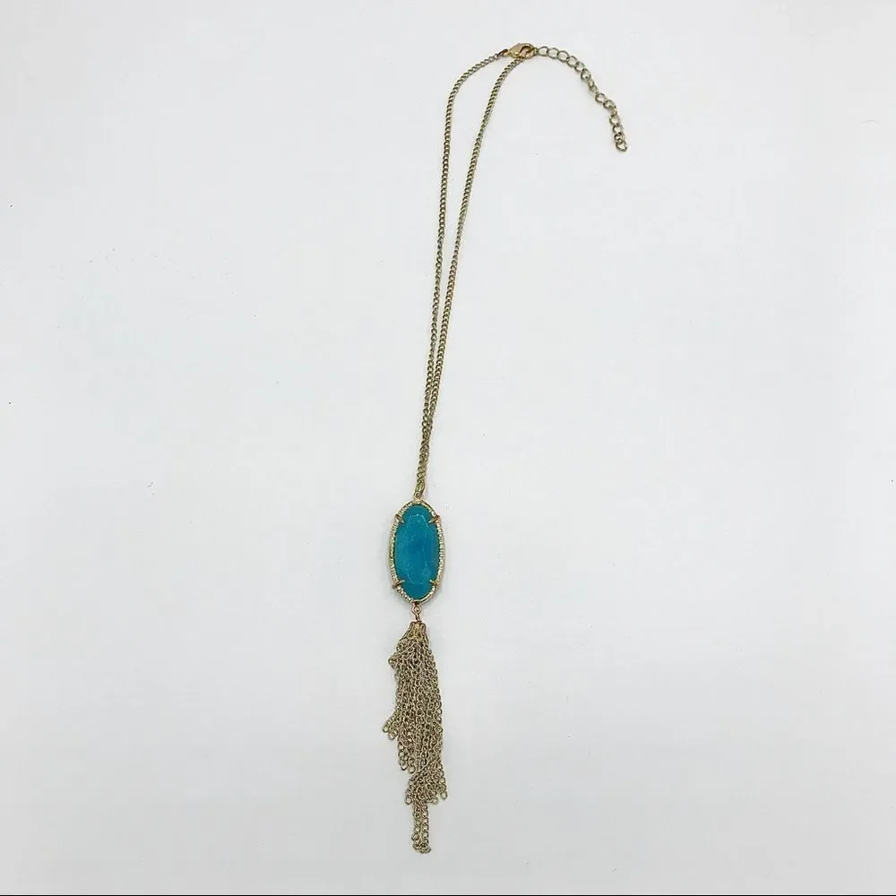 Blue Stone Gold Tone Chain Tassel Long Necklace Boho